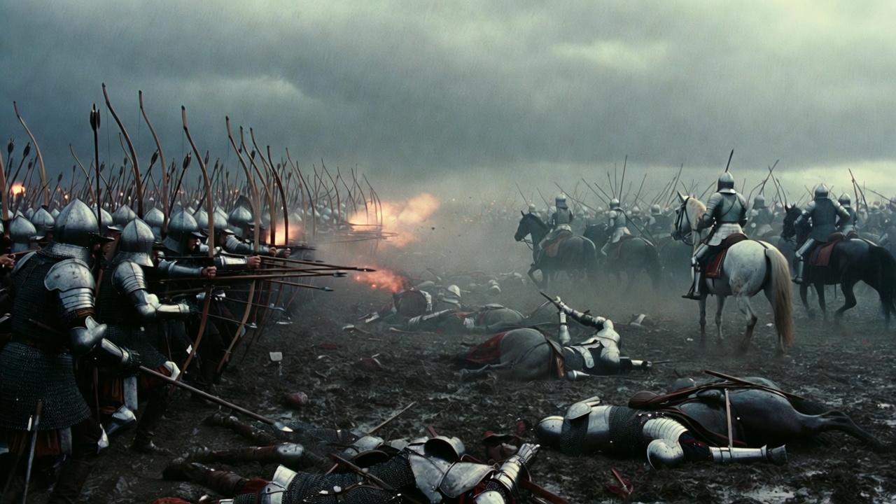 Battle of Agincourt 1415 muddy field English archers defeating French knights historical scene