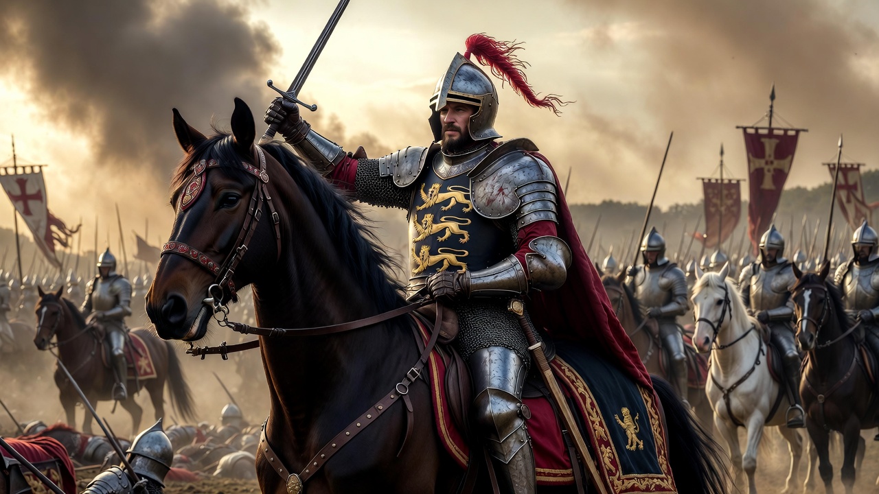 Historical portrait of King Henry V on horseback in armor leading troops medieval England