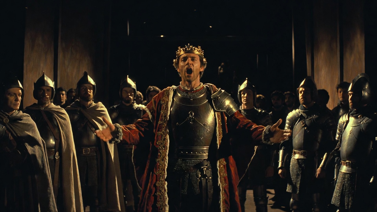 Shakespeare Henry V play stage performance actor as king delivering heroic speech