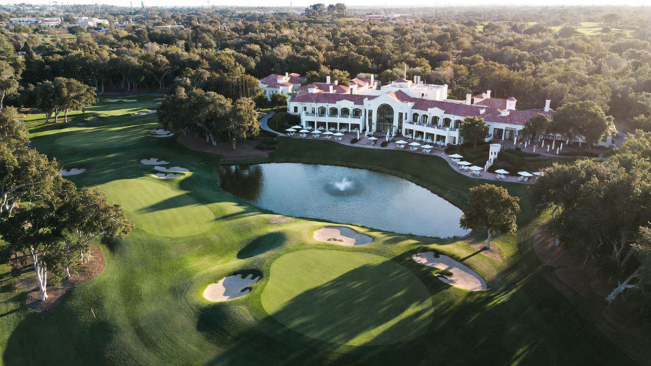 Aerial view of Hamlet Golf and Country Club championship course and elegant clubhouse in Commack NY