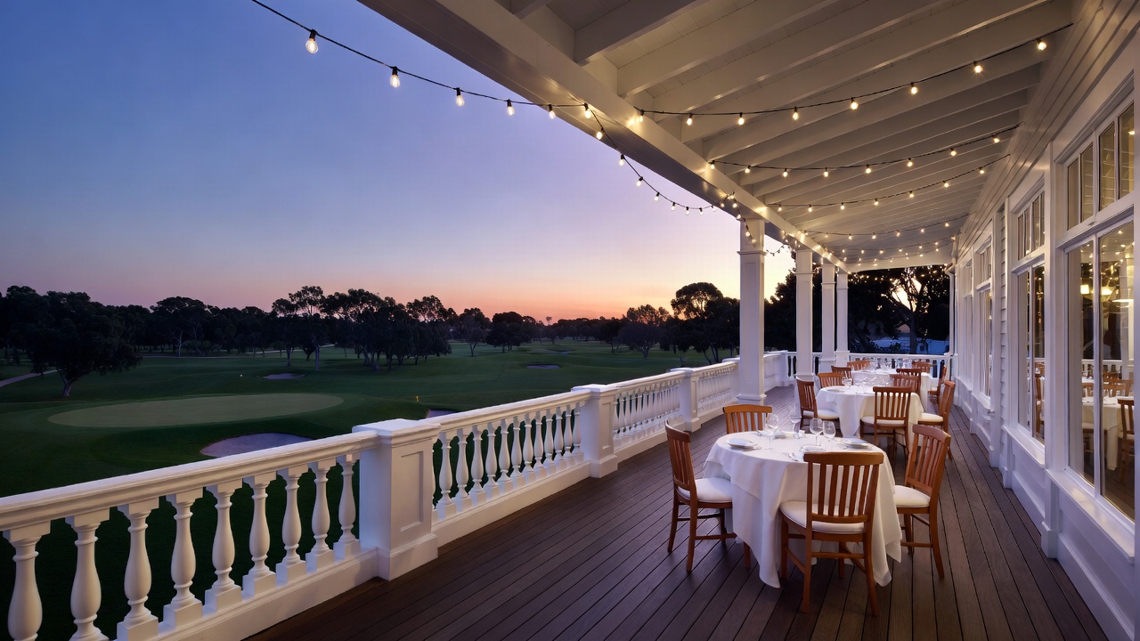 Outdoor dining veranda overlooking golf course at Hamlet Golf and Country Club