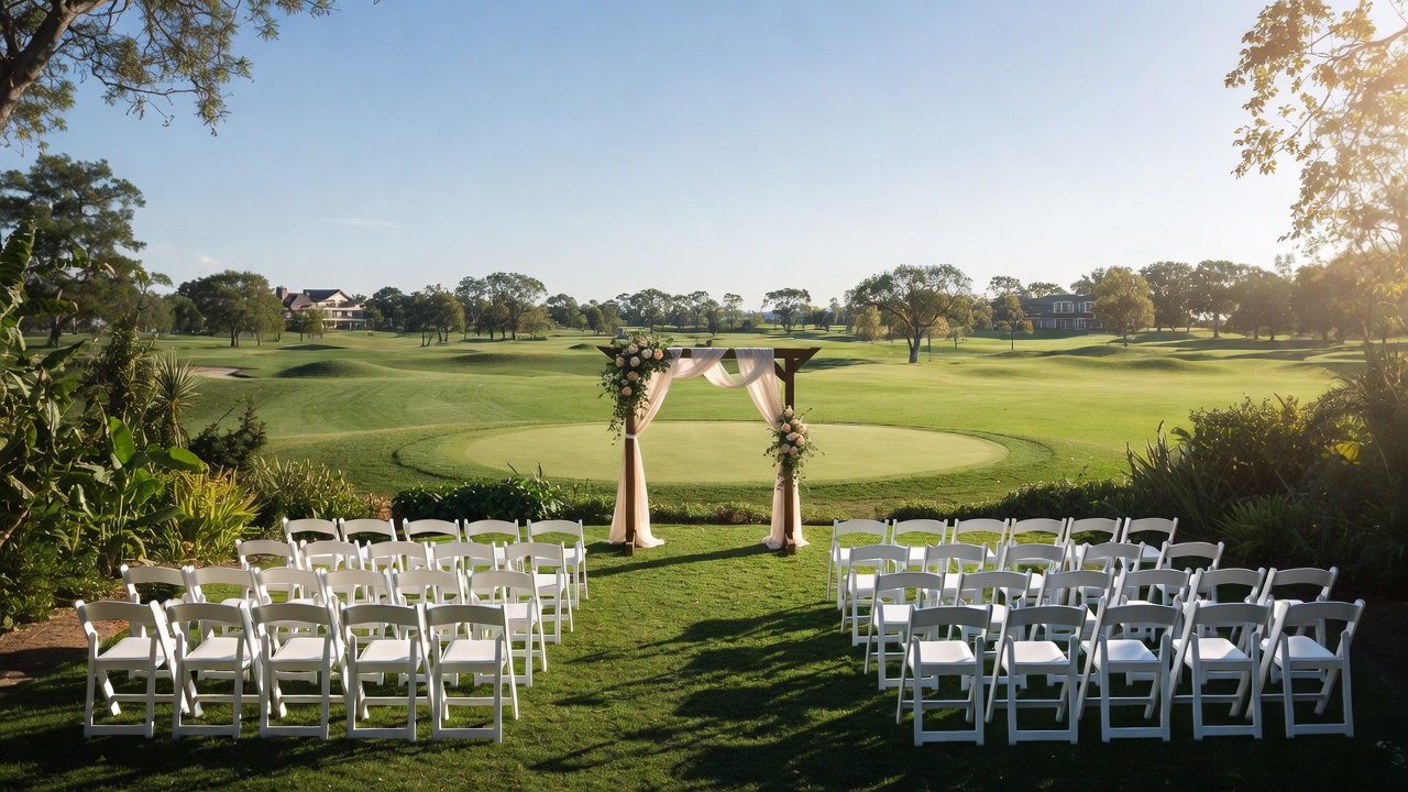 Outdoor wedding ceremony setup on scenic golf course at Hamlet Golf and Country Club