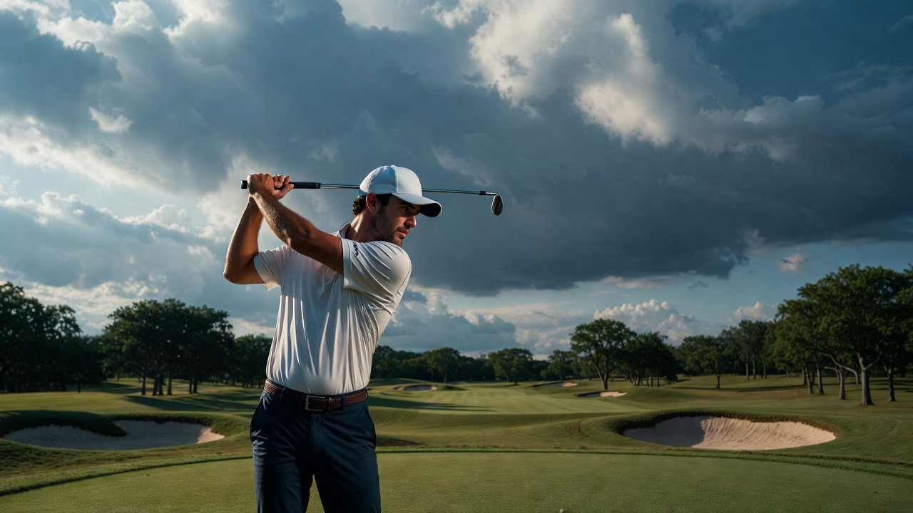 Golfer in thoughtful swing on Hamlet Golf and Country Club course evoking Shakespearean reflection