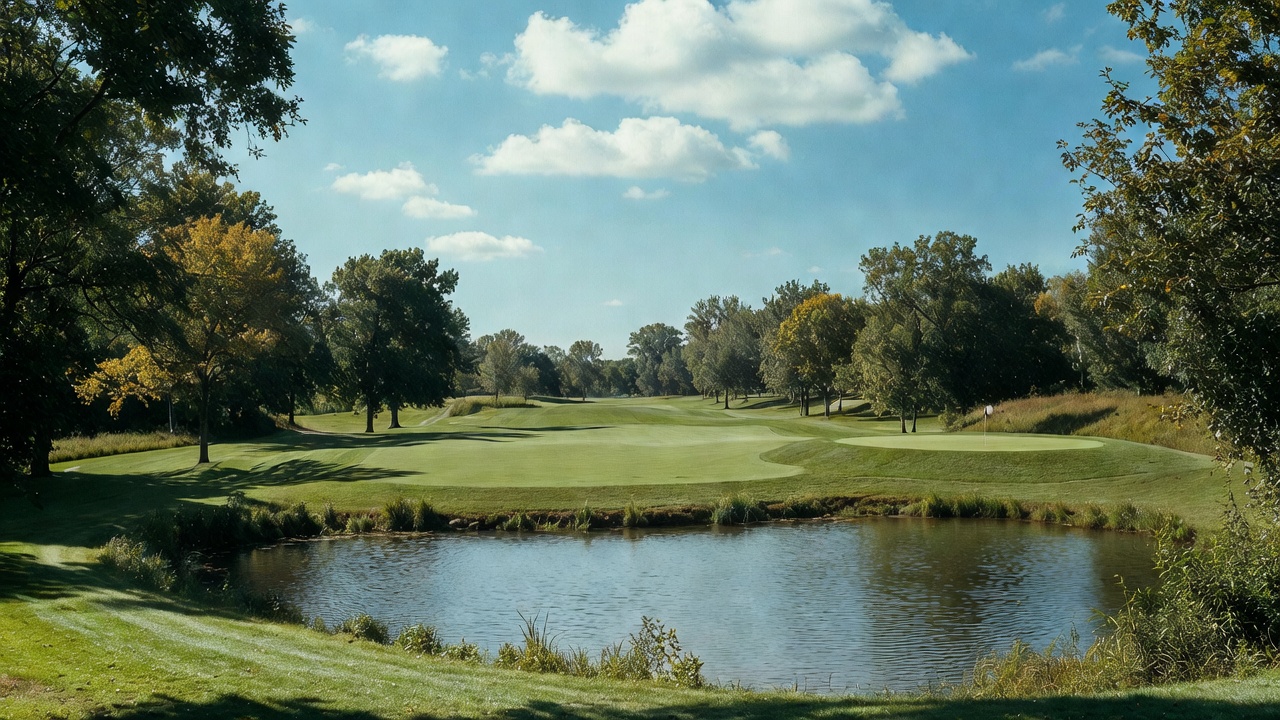 Lush bent grass fairway and pond at Hamlet Golf Course Indiana under blue sky