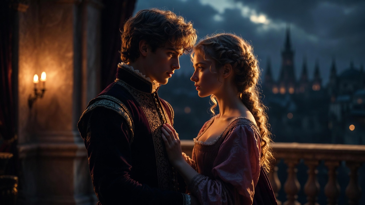 Young Elizabethan lovers on a moonlit balcony evoking Shakespeare's Romeo and Juliet