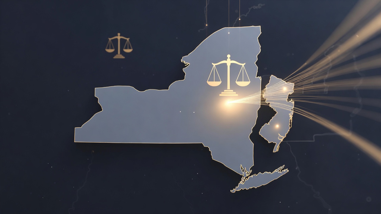 Stylized U.S. map highlighting New York state in comparison to neighboring states' laws