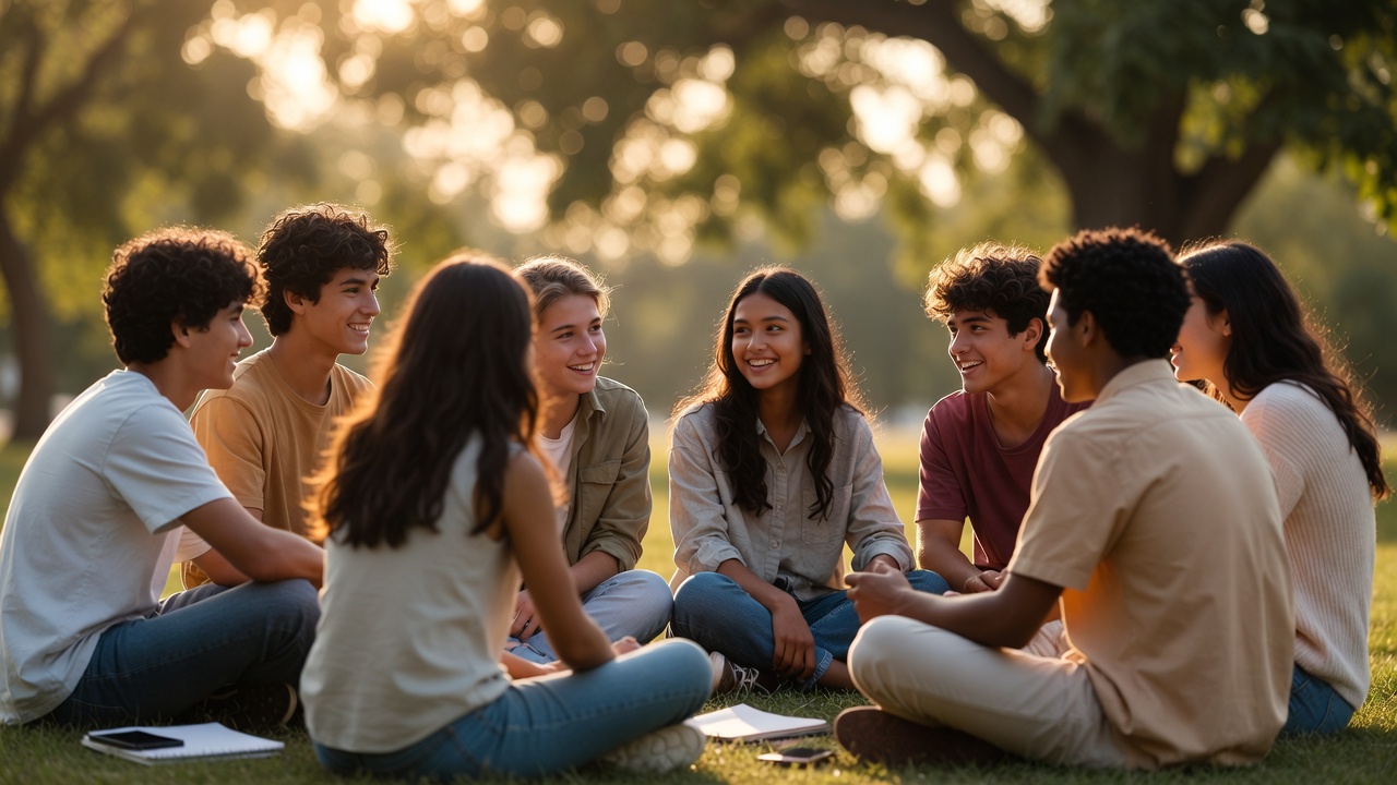 Teenagers and adult in supportive conversation about healthy relationships and consent