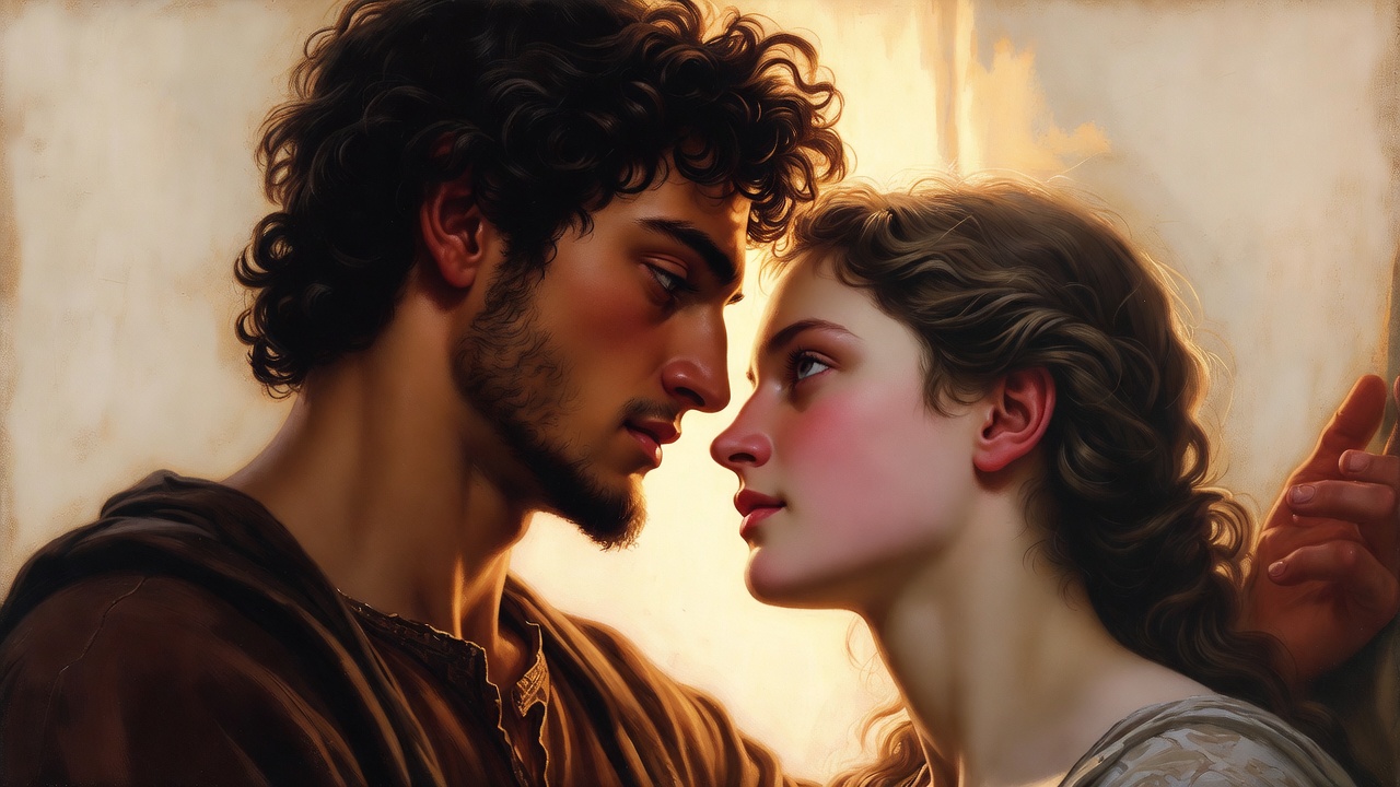 Close-up tender embrace from 1968 Zeffirelli Romeo and Juliet poster style, symbolizing innocent first love