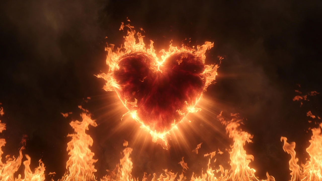 Burning sacred heart symbol representing consuming passion and doom in Romeo and Juliet posters