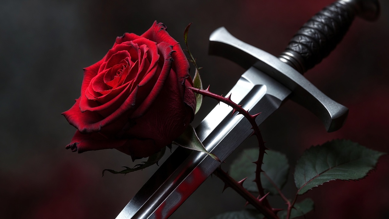 Classic rose and dagger symbolism from Romeo and Juliet, representing love intertwined with violence and tragedy