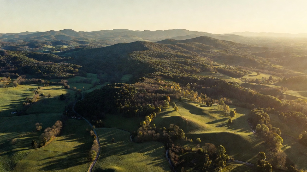 Scenic aerial view of Henry County Virginia Piedmont countryside and Blue Ridge foothills