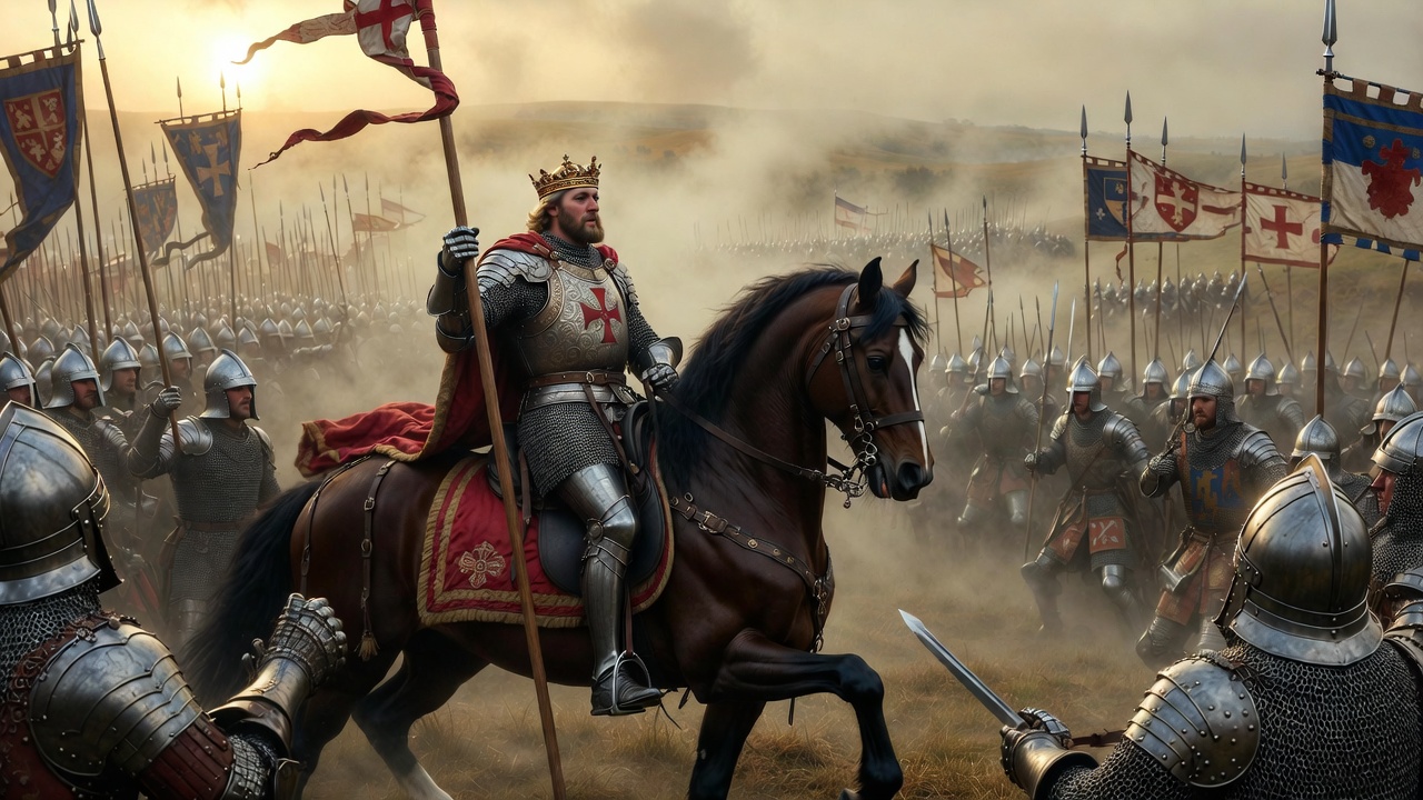 Dramatic illustration of King Henry V rallying troops at Agincourt, echoing Shakespearean leadership themes