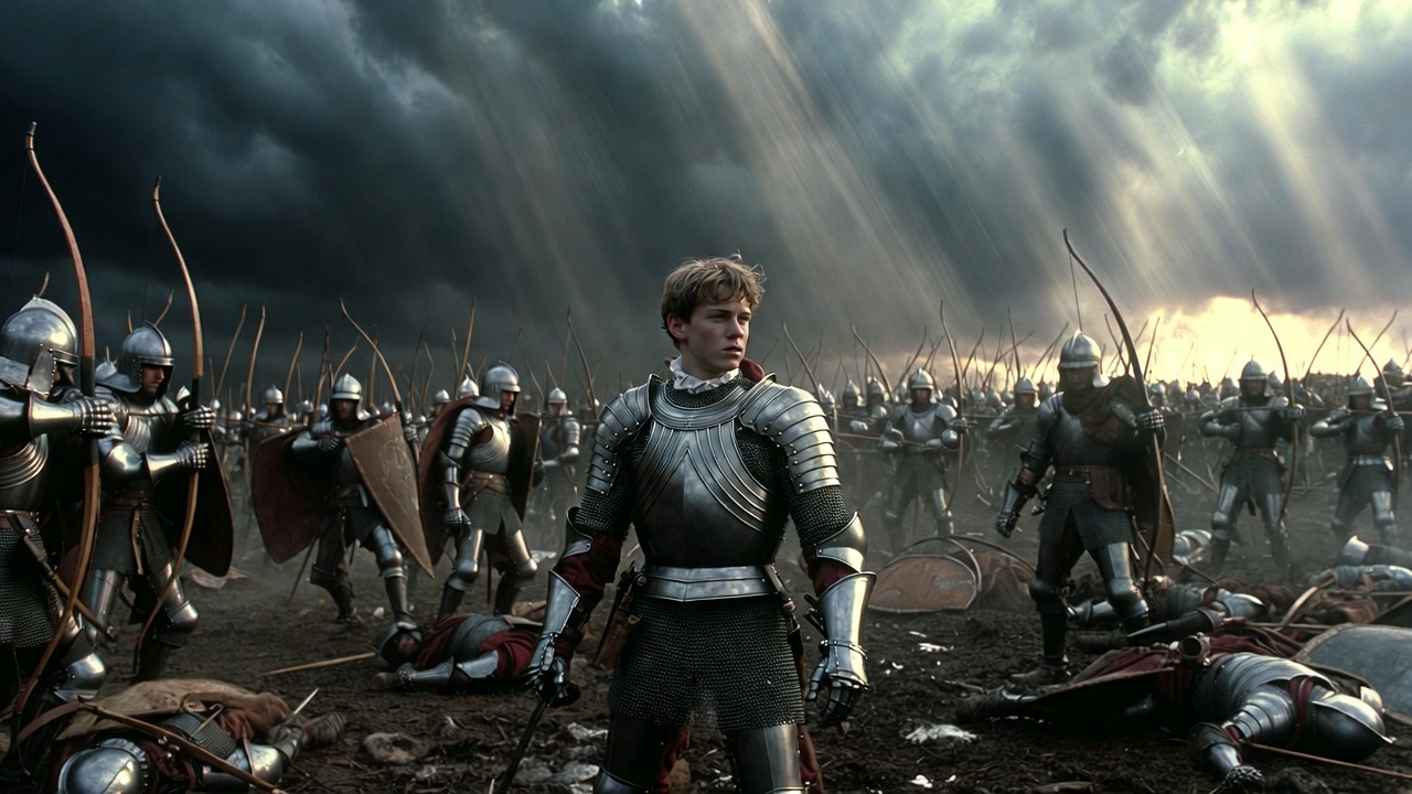 Young King Henry V inspiring troops on the Agincourt battlefield in Shakespeare's play, dramatic historical leadership scene
