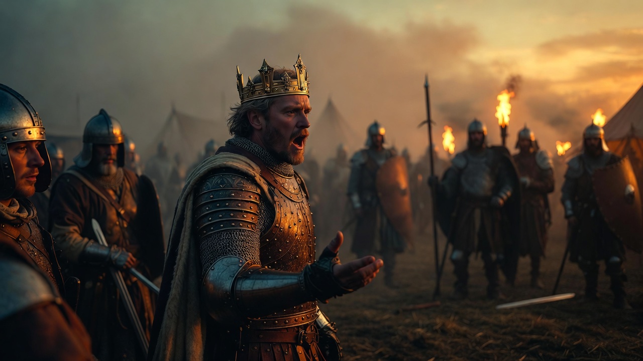 Shakespeare’s Henry V delivering iconic motivational speech to soldiers, leadership through rhetoric in Henry V play