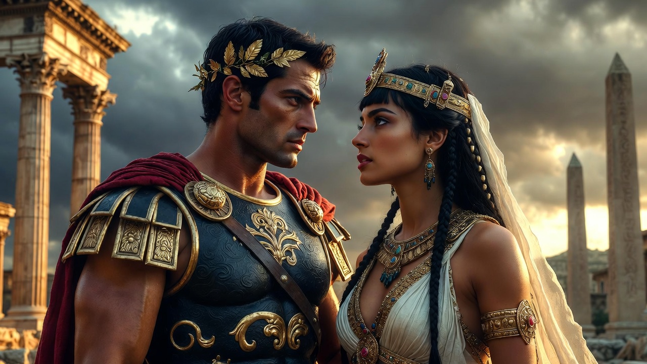 Mark Antony and Cleopatra intense gaze symbolizing love versus duty conflict in Shakespeare's tragedy