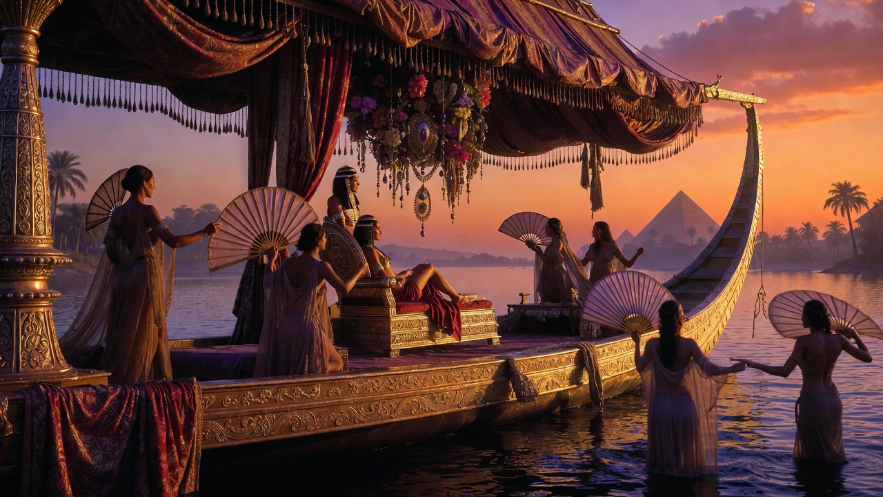 Cleopatra on her golden barge showcasing Egyptian sensuality and infinite variety in Antony and Cleopatra