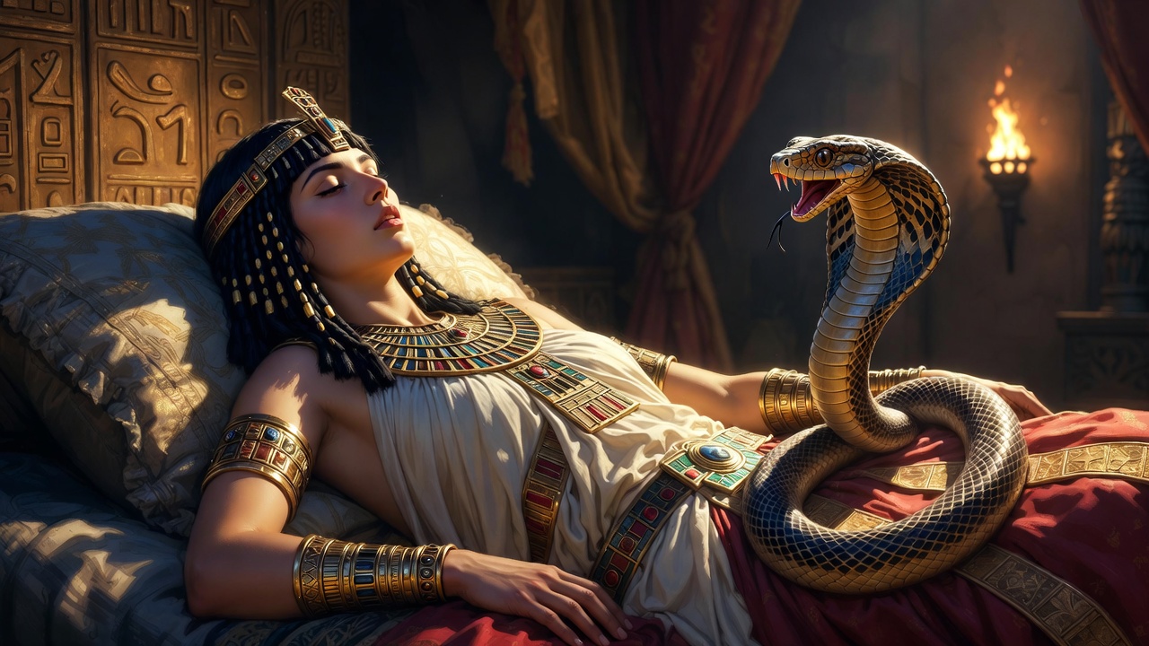 Cleopatra tragic suicide with asp symbolizing the destructive power of passion in Antony and Cleopatra