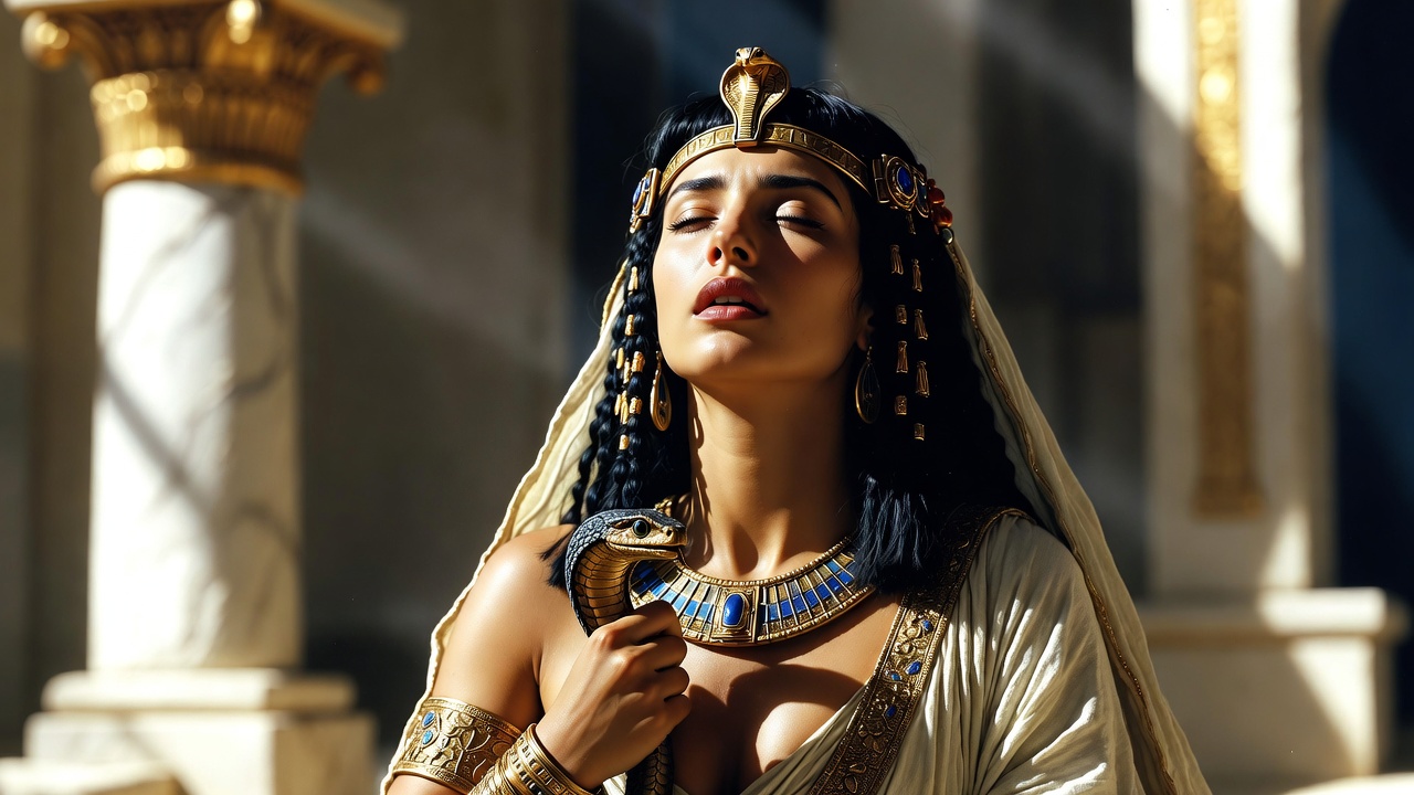 Cleopatra in her iconic death preparation monologue scene from Antony and Cleopatra, regal and tragic pose with asp