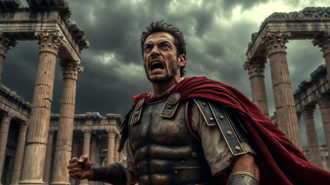 Mark Antony in rage from Antony and Cleopatra monologue, dramatic betrayal scene in Roman armor