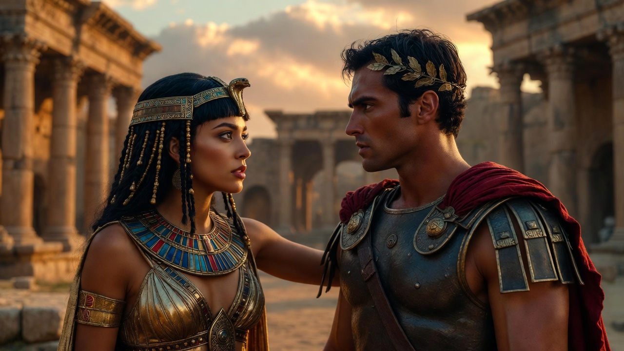 Antony and Cleopatra in dramatic passionate scene from Shakespeare tragedy, epic romance and power dynamic