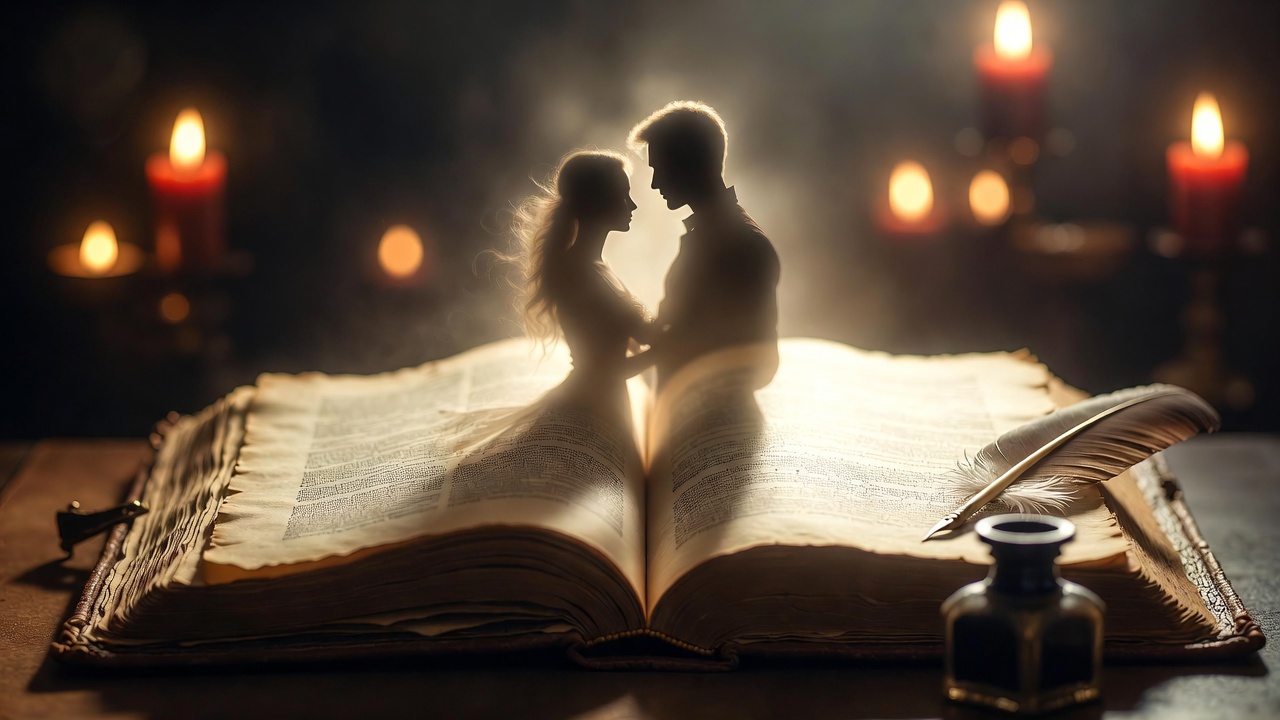 Antique book with emerging lover silhouettes connecting Shakespeare Romeo and Juliet themes to Michigan age of consent clause insights