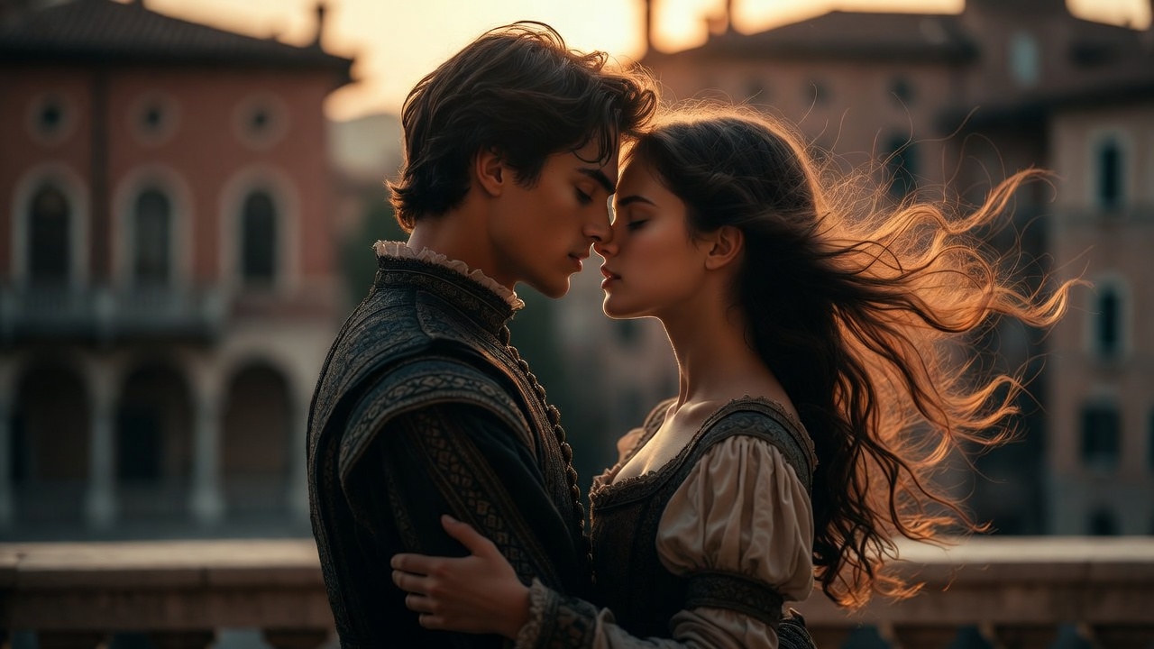 Young Shakespearean lovers embracing on balcony symbolizing teen romance and age of consent laws in Virginia