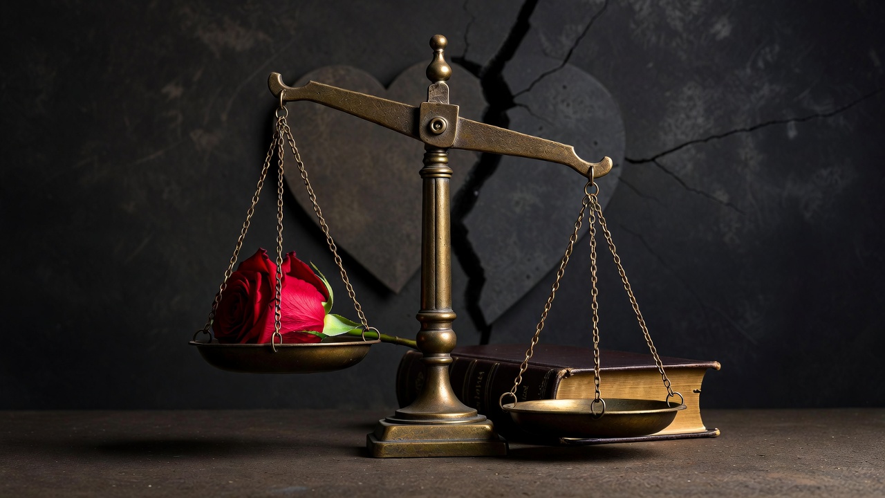 Scales of justice with rose symbolizing legal risks in teen relationships under Virginia Romeo and Juliet exemptions
