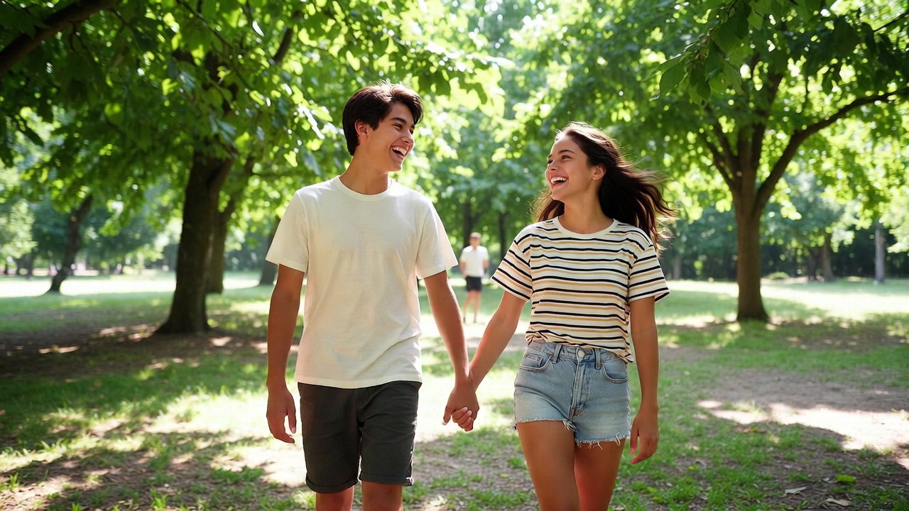 Happy teens holding hands in park representing safe consensual relationships under Virginia close-in-age laws
