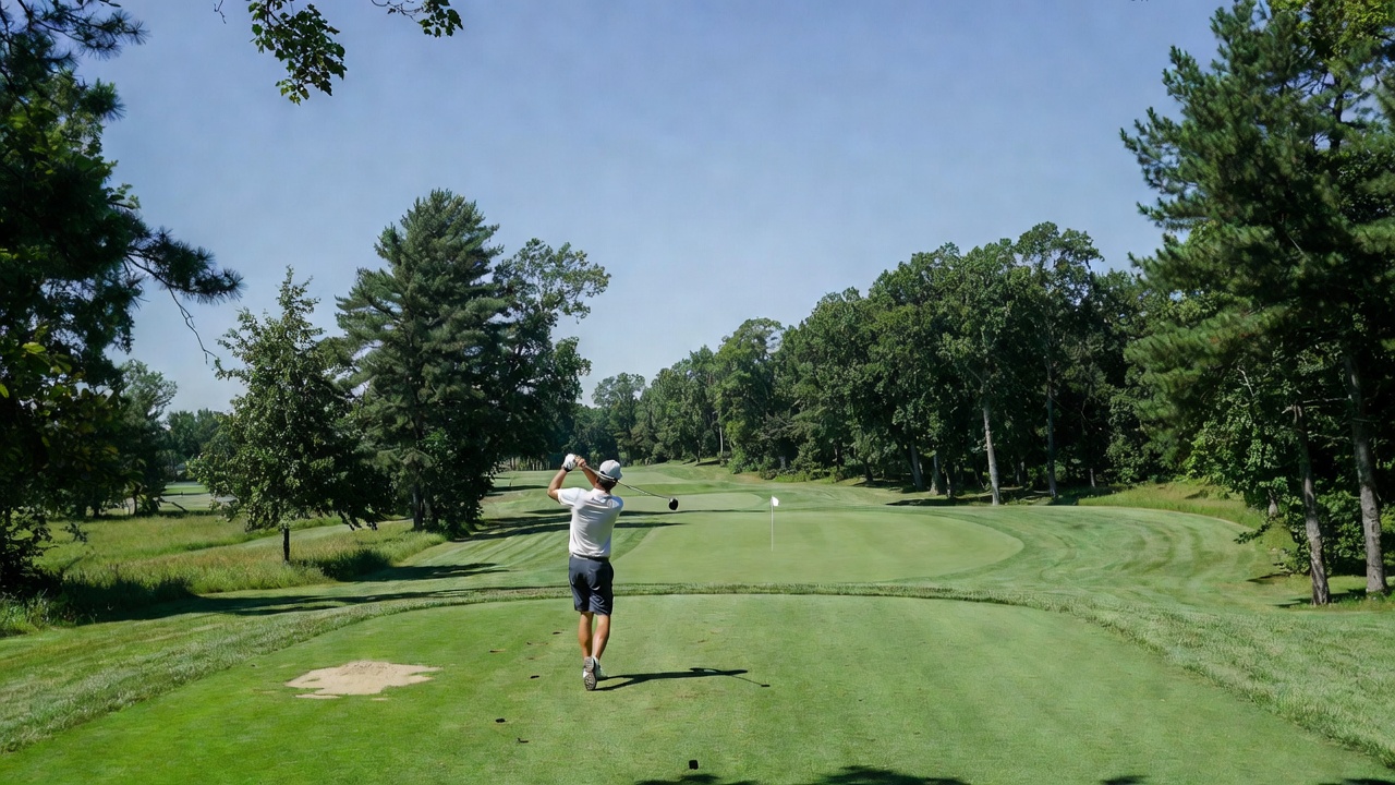 Golfer teeing off on a scenic hole at Hamlet Golf Course Indiana, showcasing the approachable and strategic layout of this public Midwest course.