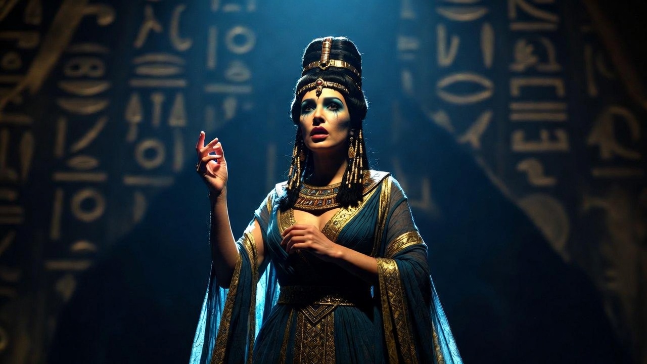 Cleopatra's commanding presence in John Adams' Antony and Cleopatra opera, highlighting themes of power and legacy.
