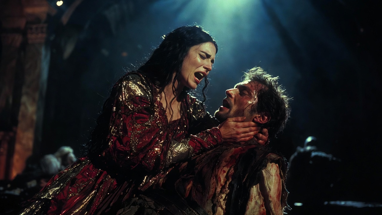 Tragic final embrace of Antony and Cleopatra in John Adams' opera production.