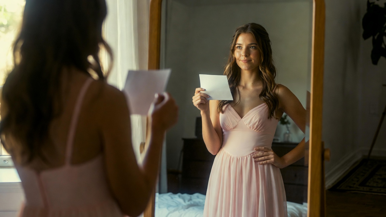 Maid of honor practicing wedding speech confidently in front of mirror