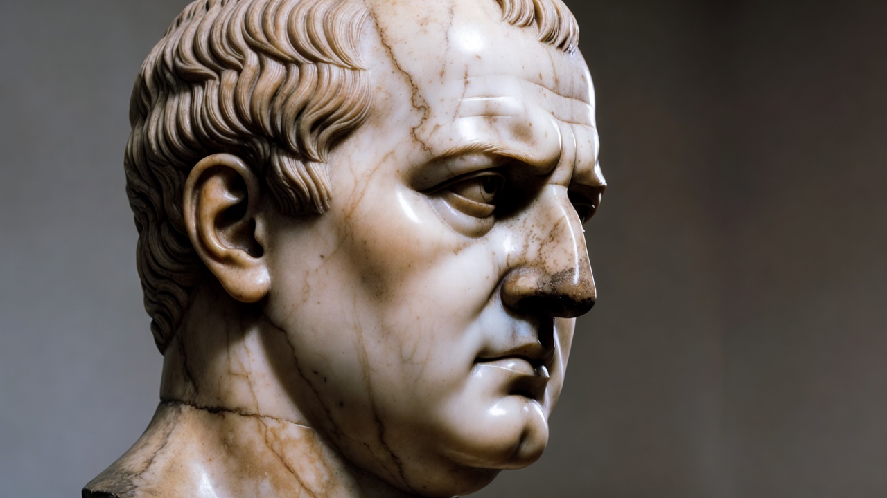 Marble bust of Julius Caesar showing historical facial features and keen black eyes as described by Suetonius