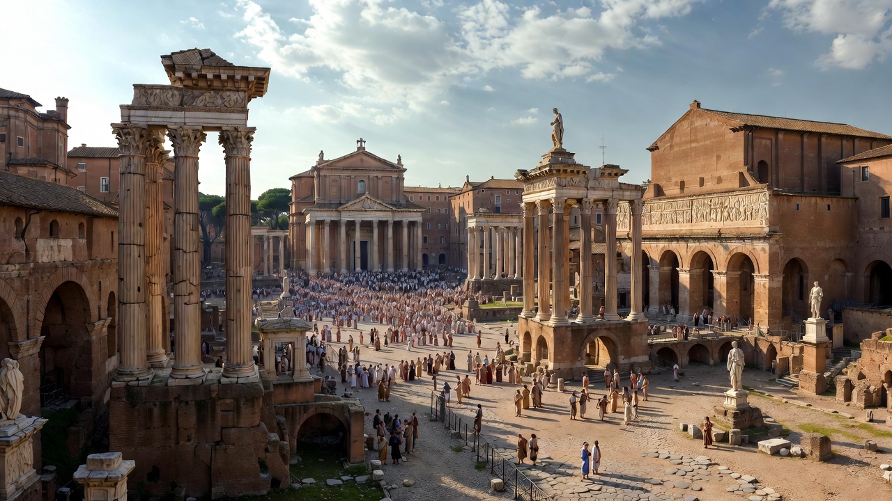 Reconstructed ancient Roman Forum where Julius Caesar addressed crowds and demonstrated commanding stature