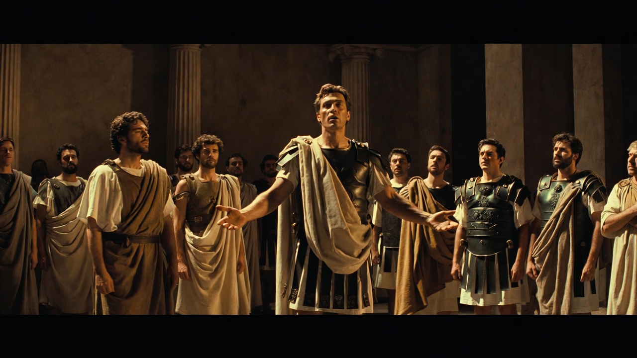 Stage performance of Shakespeare's Julius Caesar showing the commanding presence of the historical Roman leader