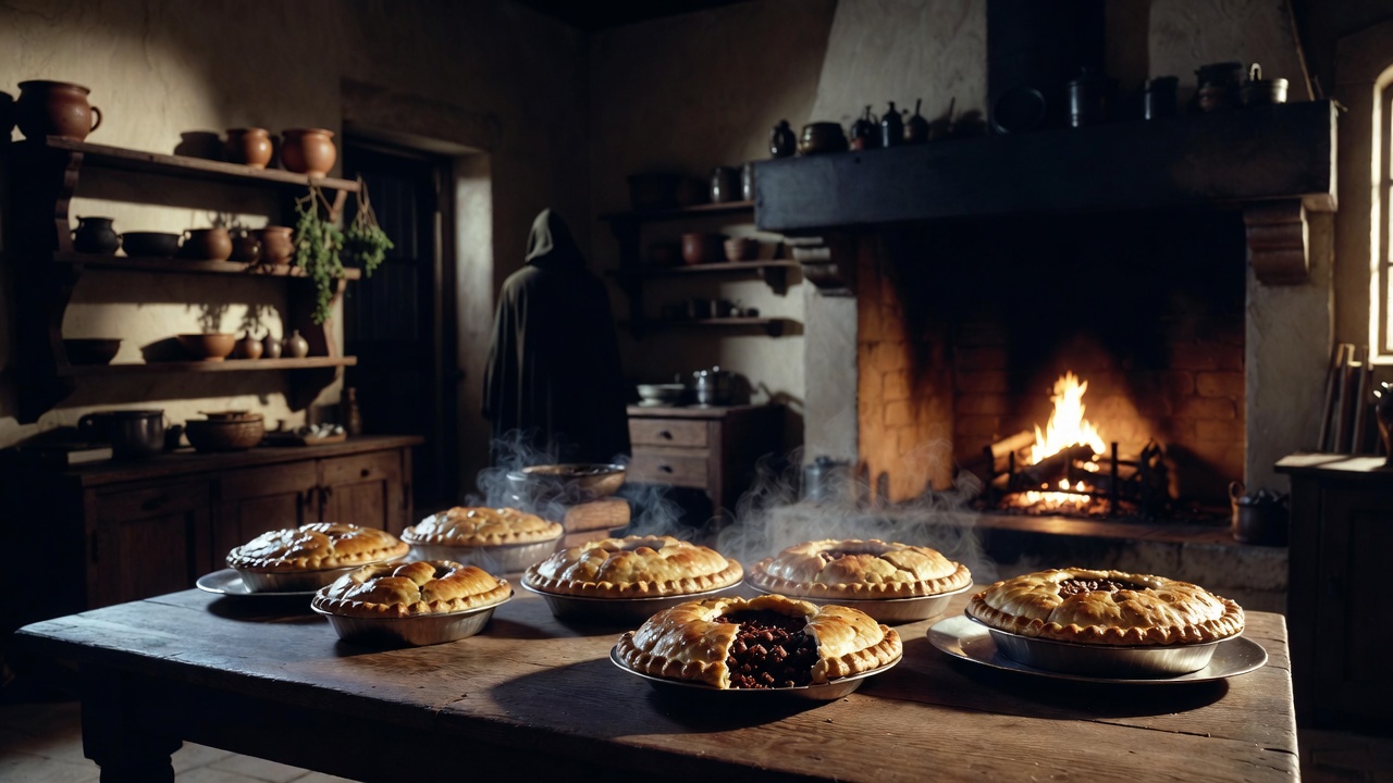 Dark Elizabethan kitchen with cold funeral baked meats pies symbolizing haste and corruption in Shakespeare's Hamlet
