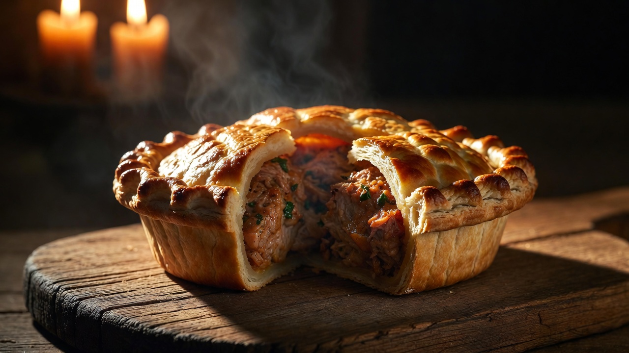 Close-up of Elizabethan funeral baked meat pie with golden crust and filling, representing thrift and tragedy in Hamlet