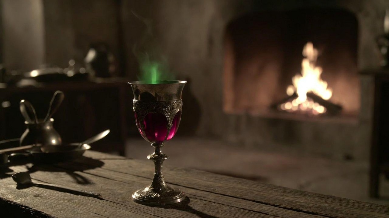 Poisoned chalice goblet with red wine glowing subtly in dim kitchen, symbolizing fatal consumption in Shakespeare's Hamlet