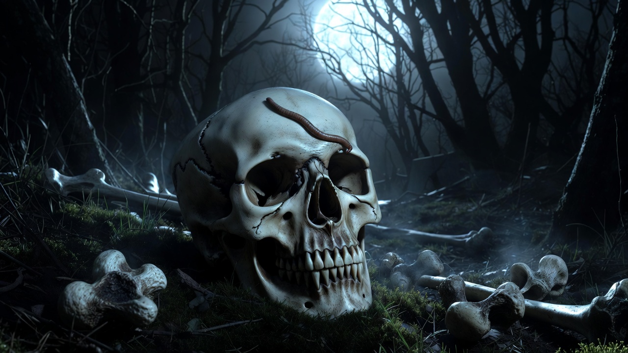 Yorick skull with worm in moonlit graveyard, evoking mortality and decay food chain in Hamlet