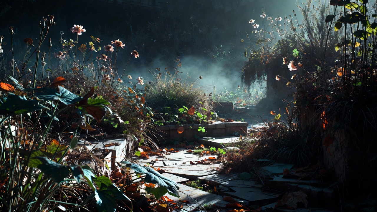 Overgrown unweeded garden with decaying plants, symbolizing moral rot and corruption in Shakespeare's Hamlet