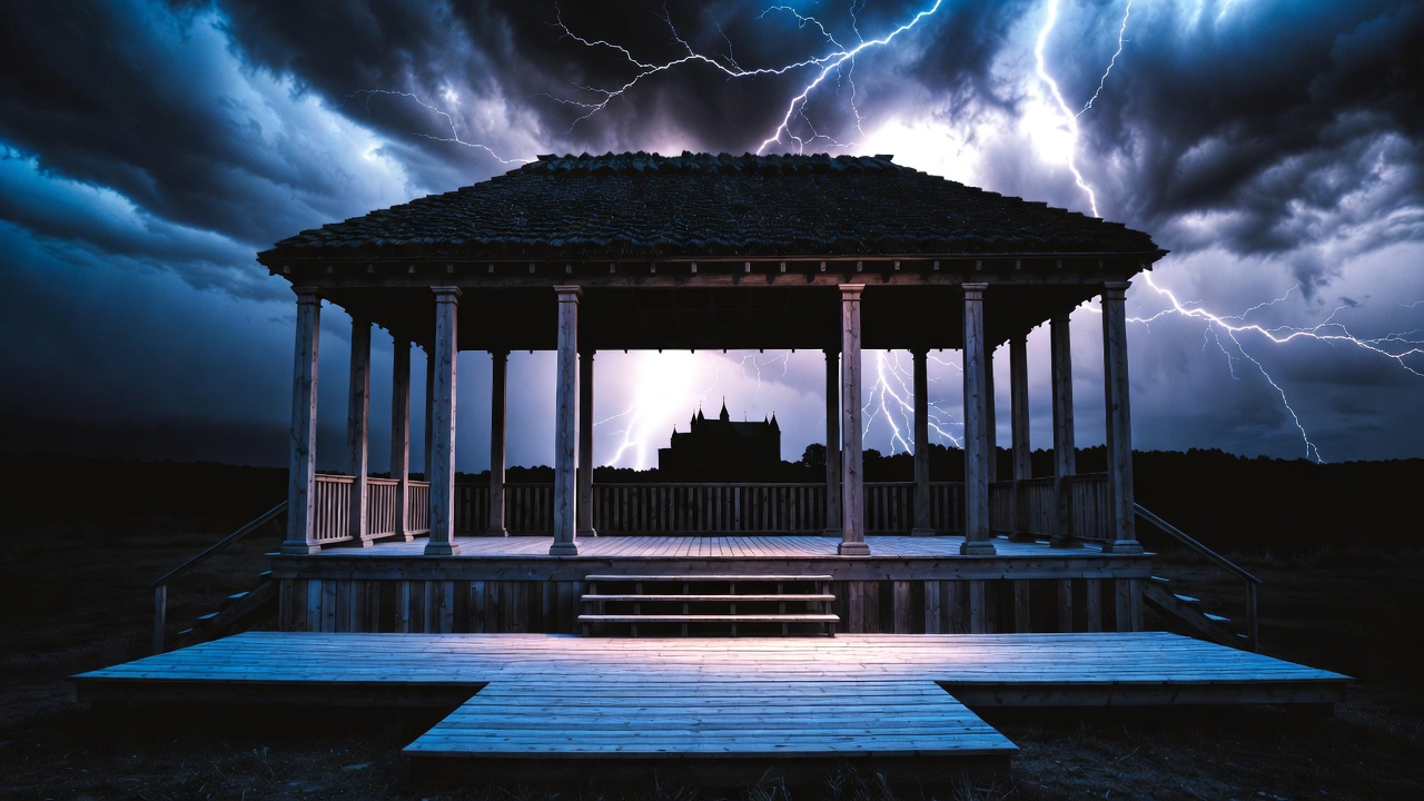 Dramatic Elizabethan stage under stormy sky representing Hamlet's themes of corruption and tragedy