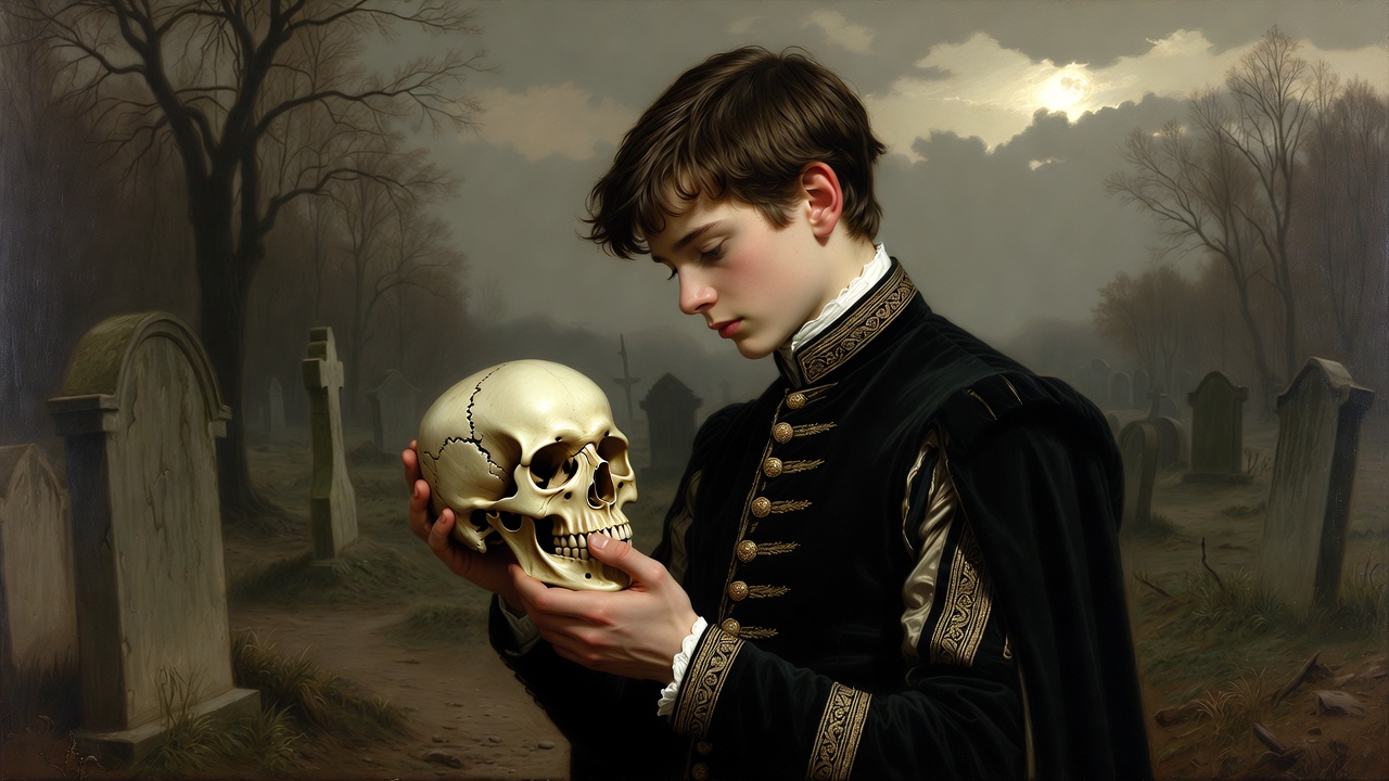 Hamlet contemplating Yorick's skull in the graveyard scene, symbolizing mortality and reflection
