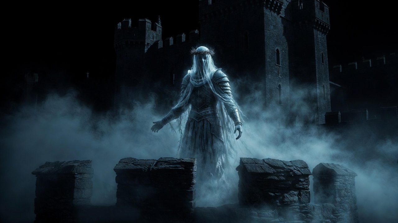 Ghost of King Hamlet on the castle battlements, illustrating supernatural corruption in Shakespeare's tragedy