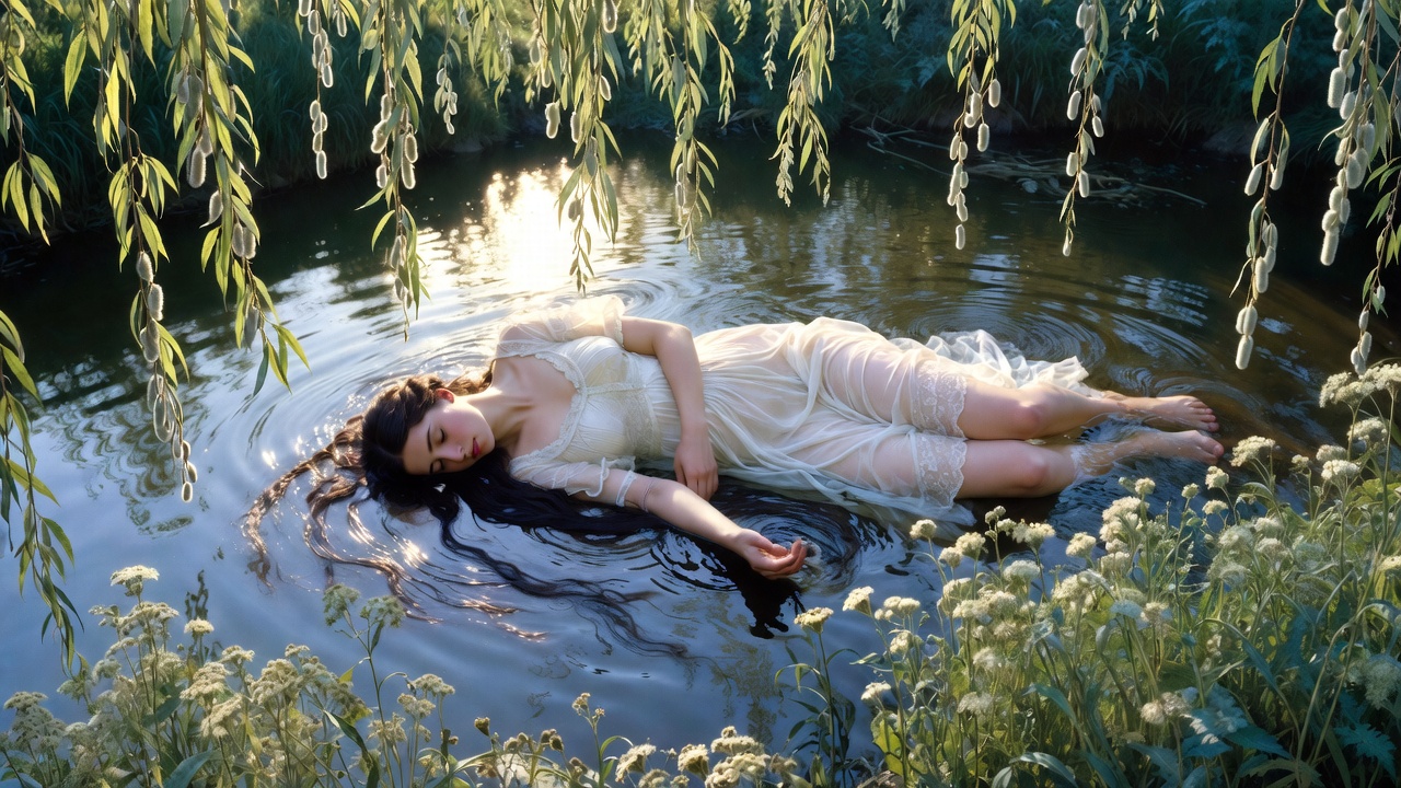 Ophelia floating in the river amid flowers, capturing tragedy and madness in Hamlet