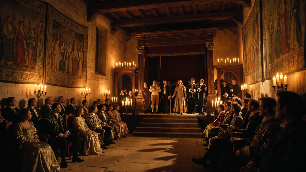 The Mousetrap play-within-a-play scene in Hamlet, showing theater used to reveal guilt