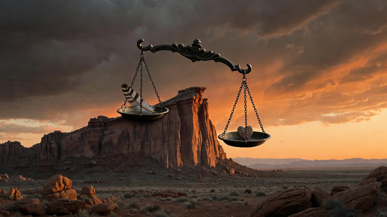 Symbolic scales of justice in Arizona desert highlighting penalties for age of consent violations
