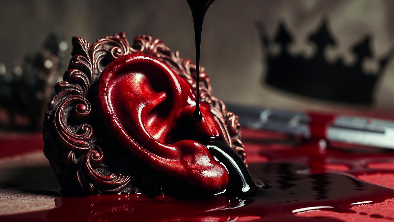 Poison dripping into an ear symbolizing murder and moral corruption in Hamlet's revenge tragedy