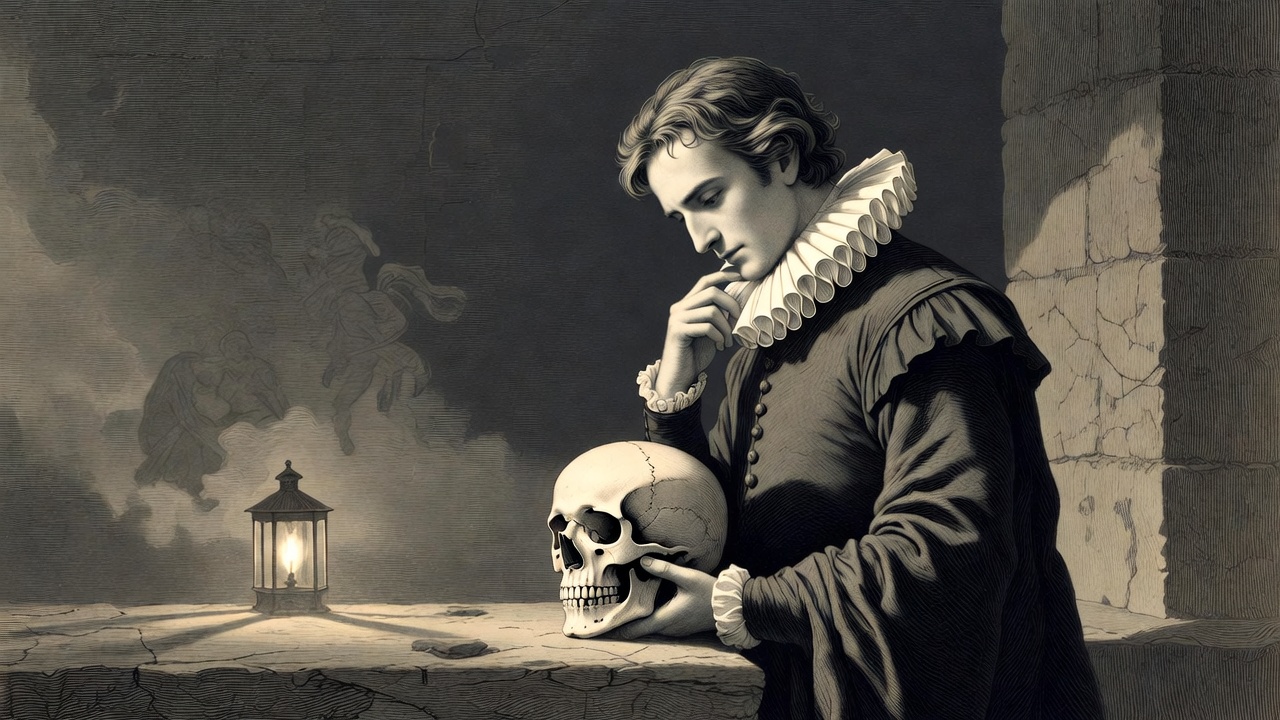 Classic dramatic depiction of Shakespeare's Hamlet prince holding Yorick's skull in deep contemplation