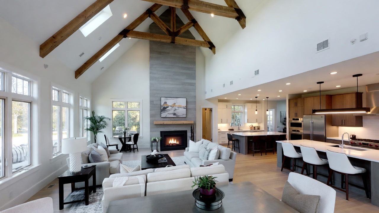 Open-concept modern living room kitchen interior in a spacious Virginia rental cottage townhome