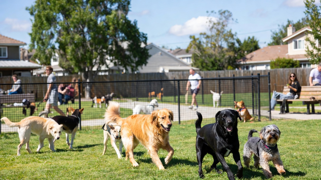 Pet-friendly dog park with playing dogs in a modern Virginia rental community green space